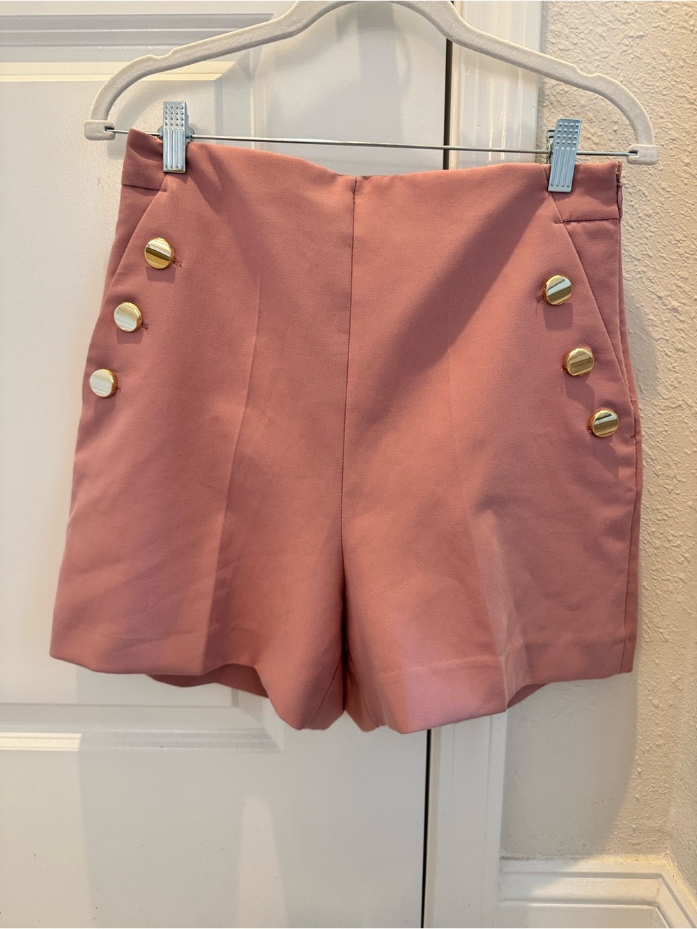 Zara Rose-Pink High-Waist Shorts with Gold Button Detail